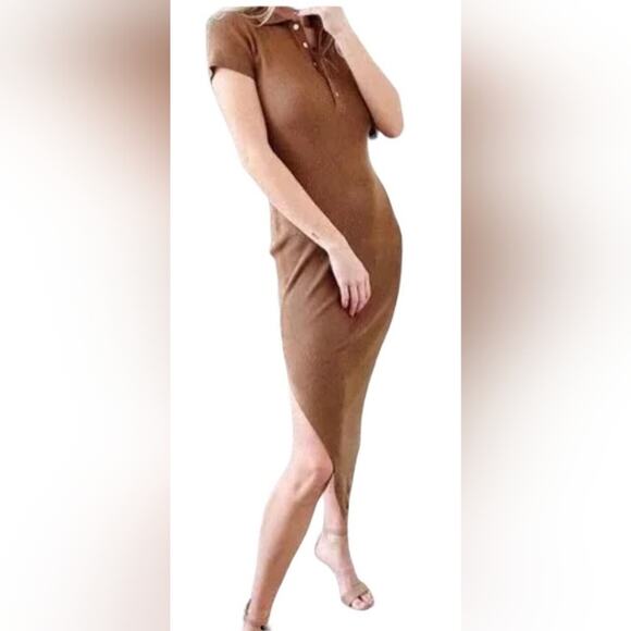 House of Harlow 1960 X Revolve Polo Ribbed Knit Sweater Brown Pencil Dress S - Picture 2 of 10